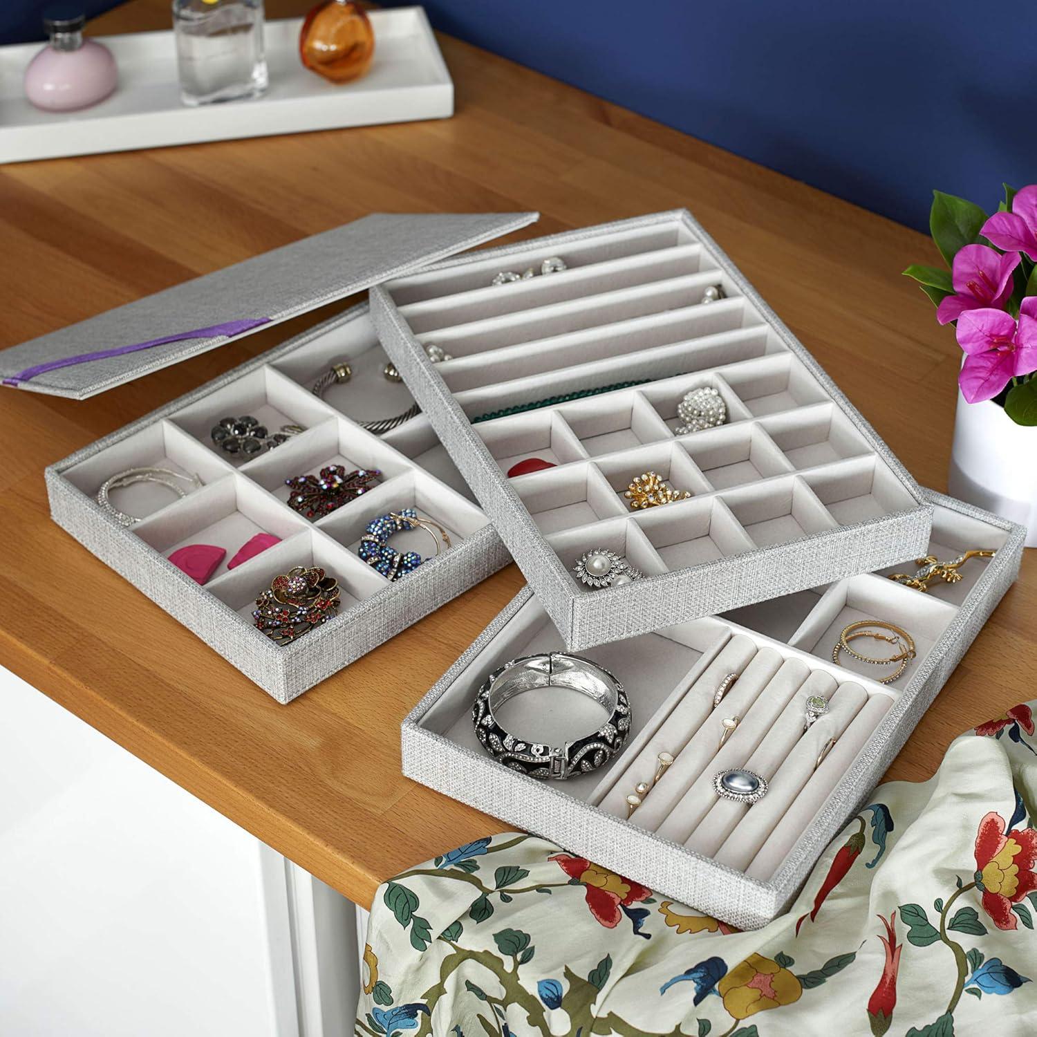 image:imageHousehold Essentials 3Tier Jewelry Tray Sturdy Chipboard With Polyester Linen Wrap GraphiteWhite