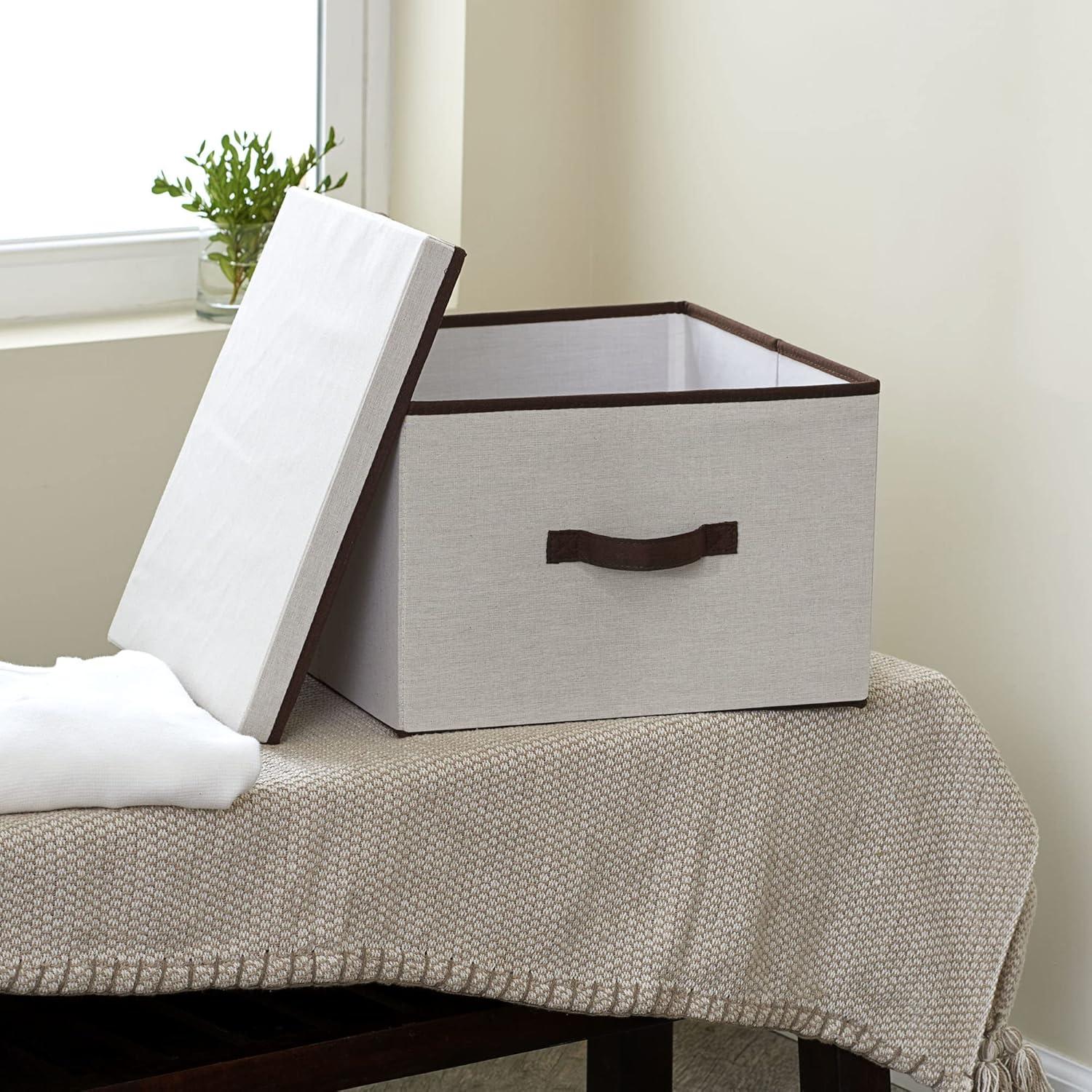image:imageHousehold Essentials 5103 Vision Storage Boxes with Lids 3 Piece Set Natural Canvas with Brown TrimSquare 15W x 15D