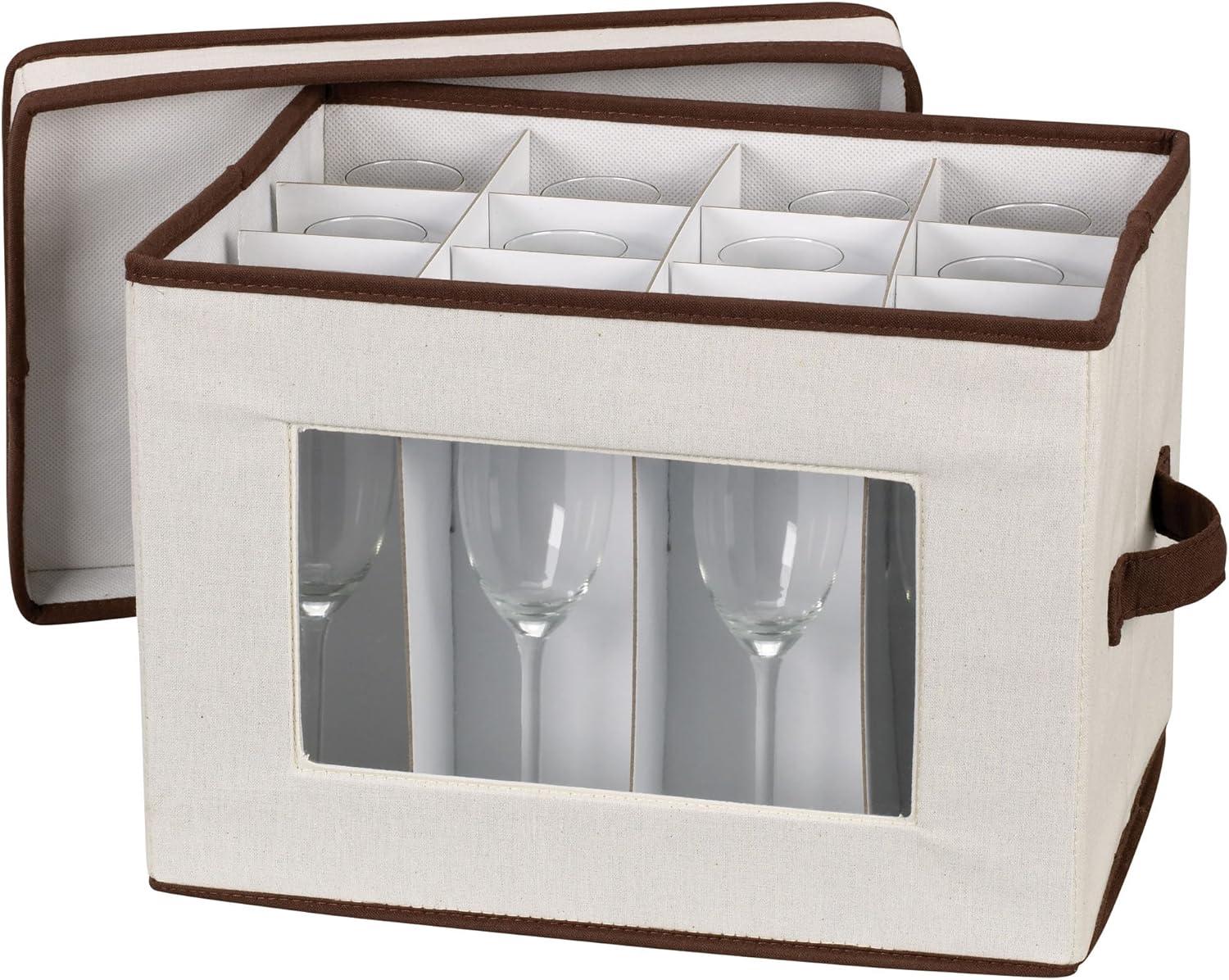 image:imageHousehold Essentials Champagne Flute Storage Box 12 Sturdy Compartments Windowed Front Panel 2 Riveted Handles Foldable and Stackable Storage Box GrayNatural