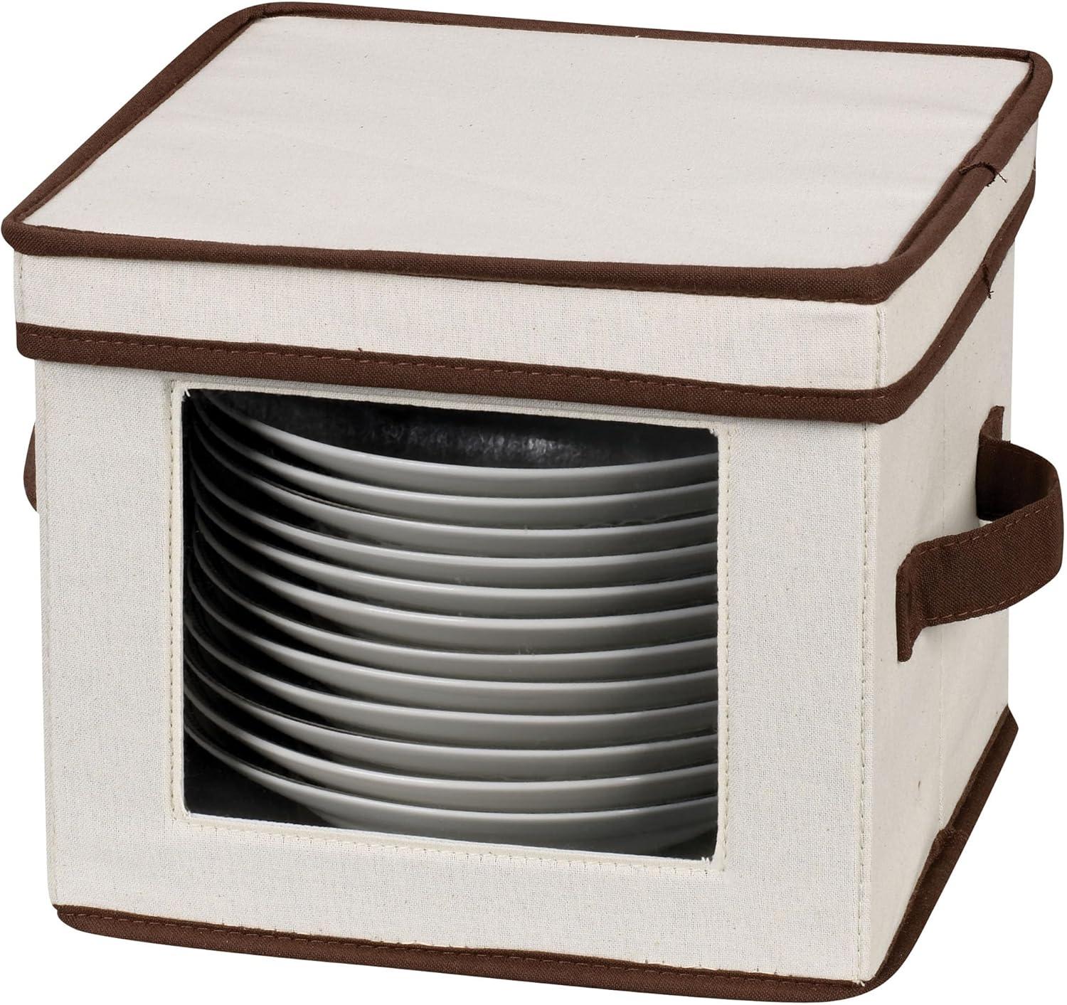 image:imageHousehold Essentials China Plate Storage Box Holds 12 Dessert Plates or Bowls Windowed Panel Sturdy Frame and Reinforced Handles Felt Cushions Fully Removable LidNatural