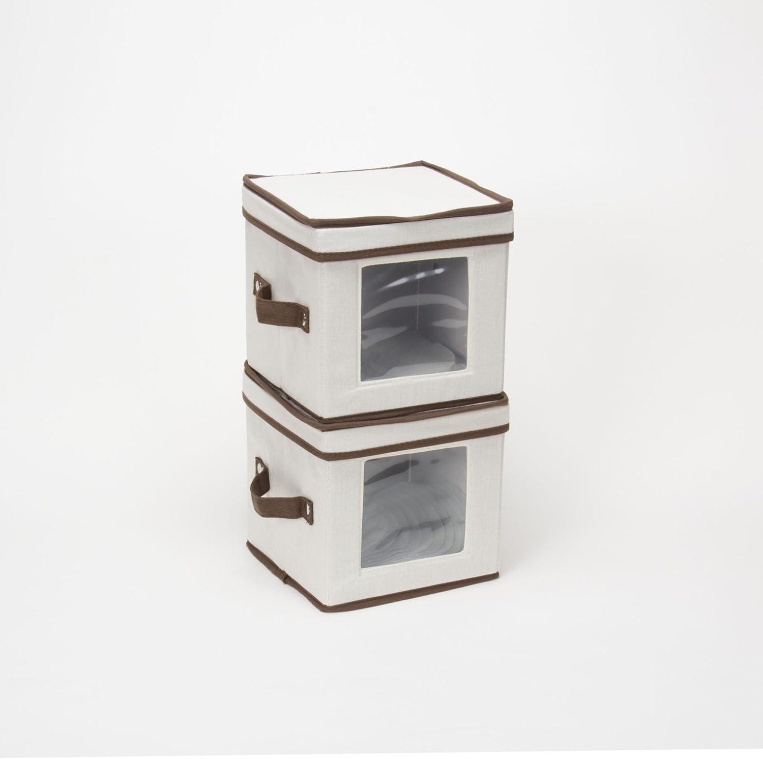 image:imageHousehold Essentials China Plate Storage Box Holds 12 Dessert Plates or Bowls Windowed Panel Sturdy Frame and Reinforced Handles Felt Cushions Fully Removable LidNatural