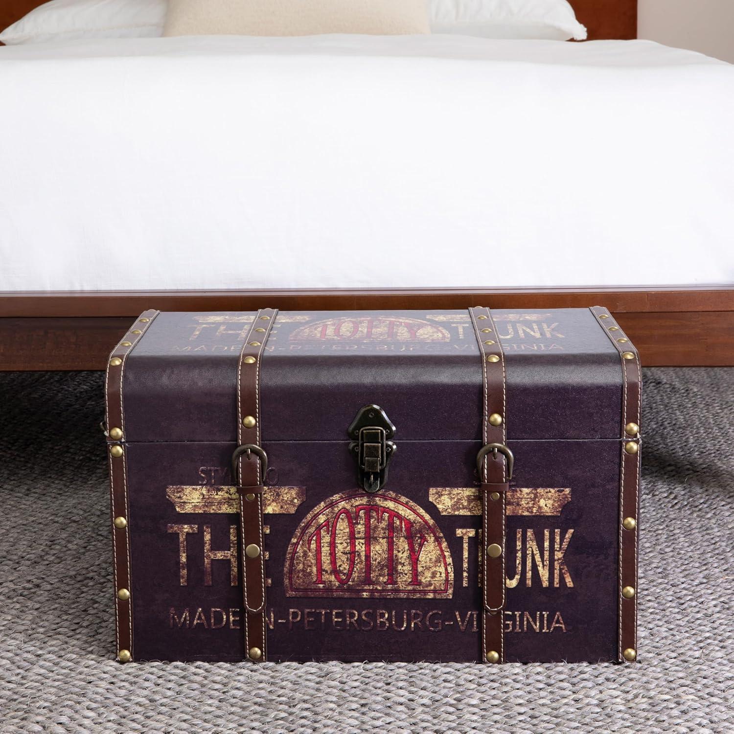 image:imageHousehold Essentials Large Decorative Trunk Vintage Decoupage Metal Accents with Leather Strapping Strong MDF Frame Clasps Shut Green and Black