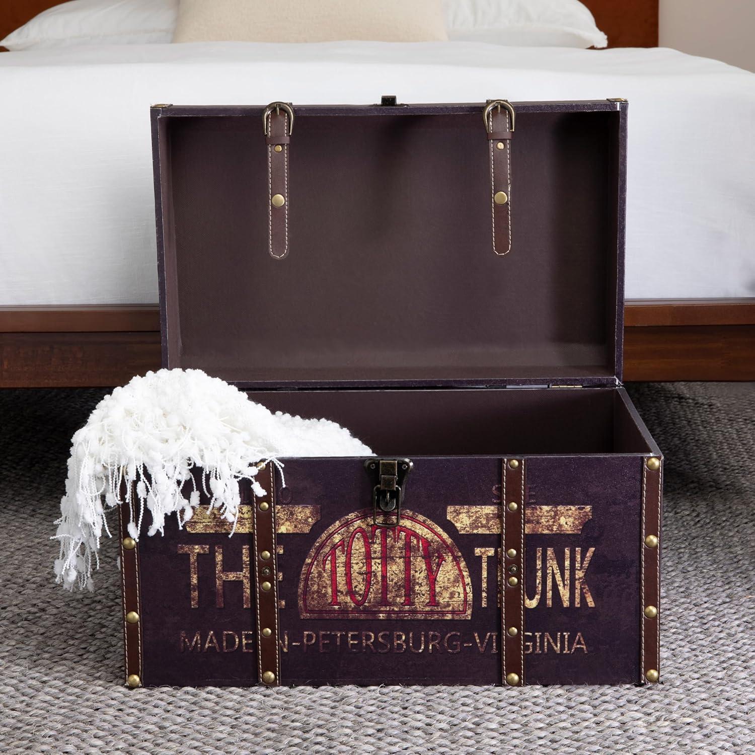 image:imageHousehold Essentials Large Decorative Trunk Vintage Decoupage Metal Accents with Leather Strapping Strong MDF Frame Clasps Shut Green and Black