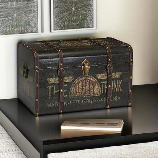 image:imageHousehold Essentials Large Decorative Trunk Vintage Decoupage Metal Accents with Leather Strapping Strong MDF Frame Clasps Shut Green and Black