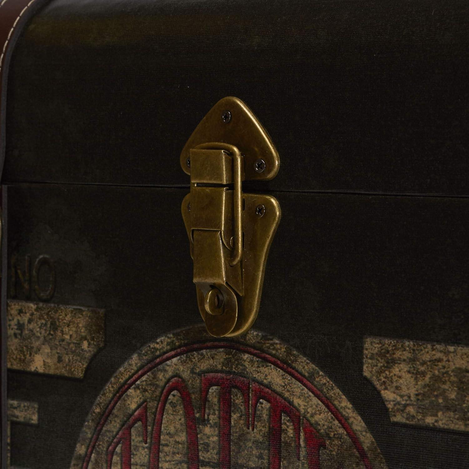 image:imageHousehold Essentials Large Decorative Trunk Vintage Decoupage Metal Accents with Leather Strapping Strong MDF Frame Clasps Shut Green and Black