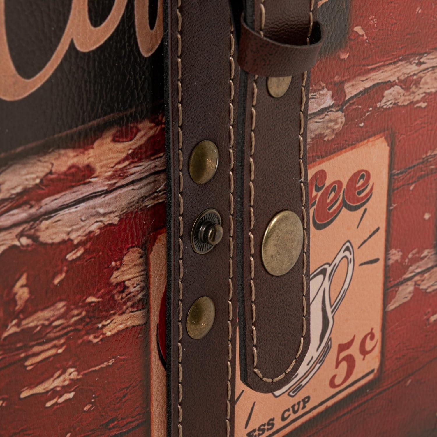 image:imageHousehold Essentials Medium Decorative Trunk Coffee Shop Faux Decoupage Antique Exterior Leather and Metal Accents Fabric Interior Hinged Lid Brown