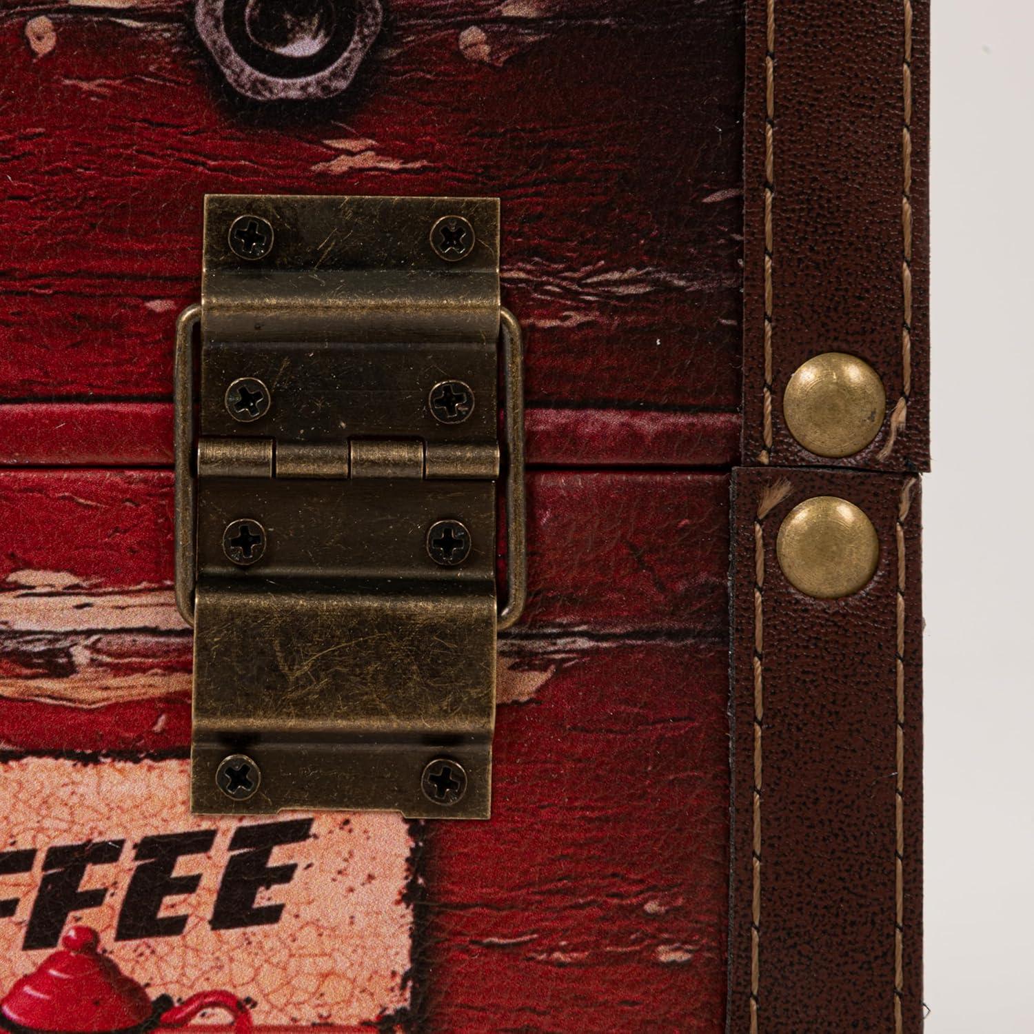 image:imageHousehold Essentials Medium Decorative Trunk Coffee Shop Faux Decoupage Antique Exterior Leather and Metal Accents Fabric Interior Hinged Lid Brown