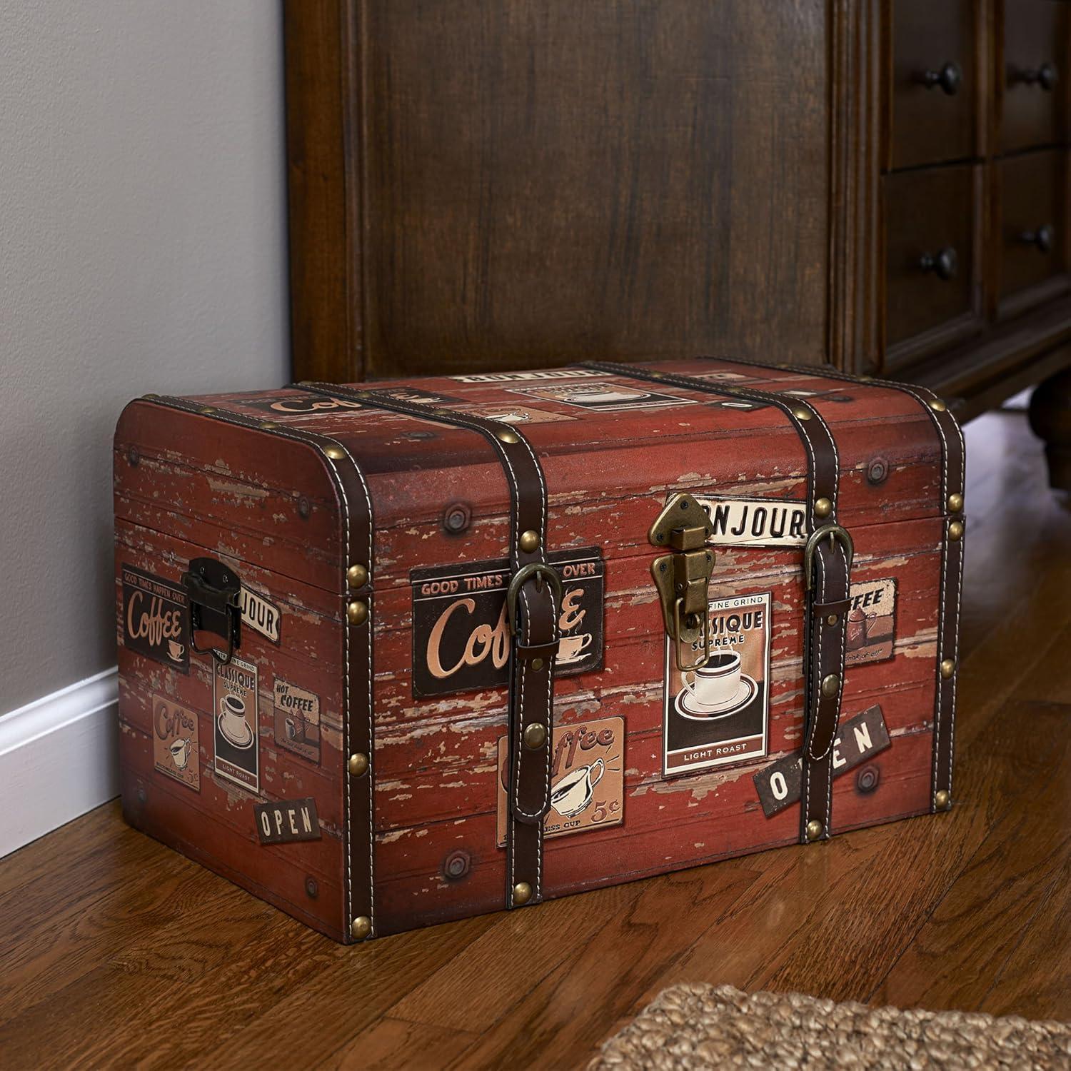 image:imageHousehold Essentials Medium Decorative Trunk Coffee Shop Faux Decoupage Antique Exterior Leather and Metal Accents Fabric Interior Hinged Lid Brown