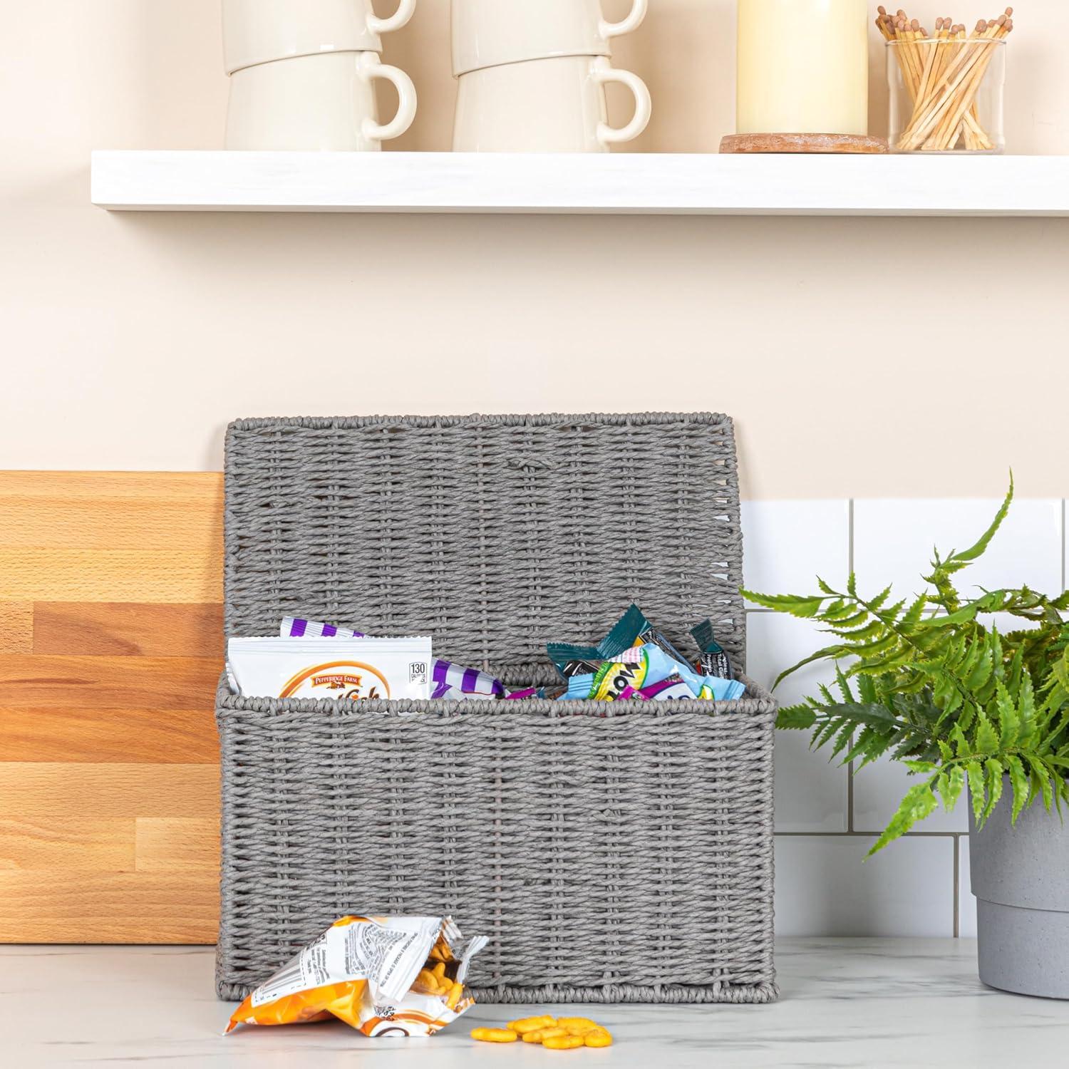 image:imageHousehold Essentials Small Handwoven Paper Rope Wicker Basket with Lid BlackGrey