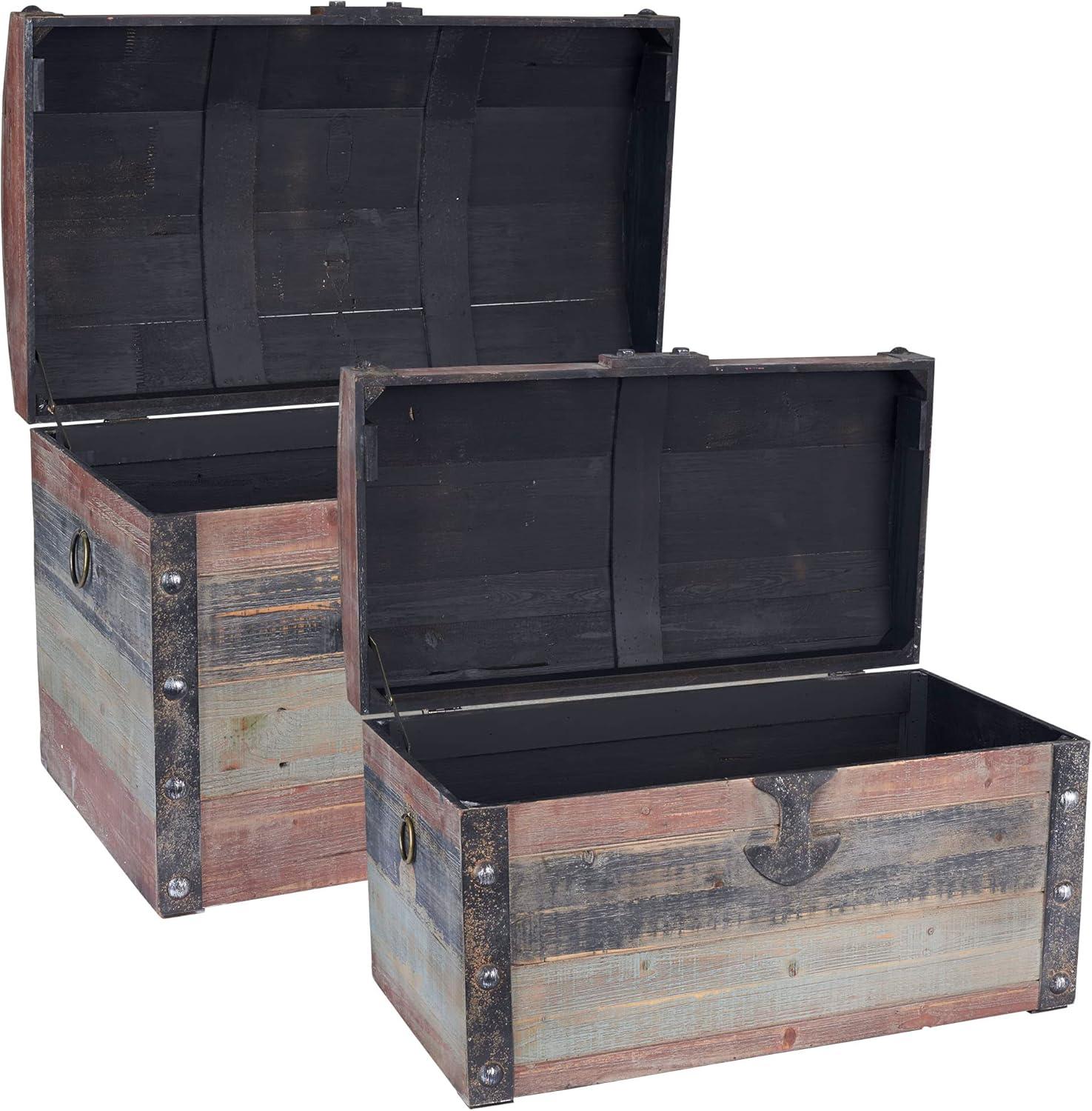 image:imageHousehold Essentials Wooden Storage Trunk Set Large and Small Domed Chest Weathered Wood with Paint Finish Hinged Lid with Metal AccentsDome