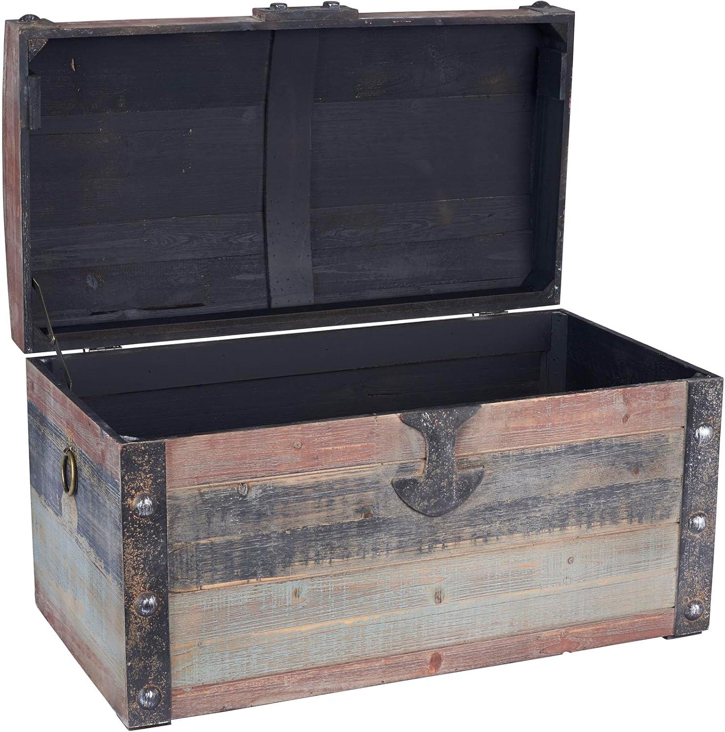 image:imageHousehold Essentials Wooden Storage Trunk Set Large and Small Domed Chest Weathered Wood with Paint Finish Hinged Lid with Metal AccentsDome