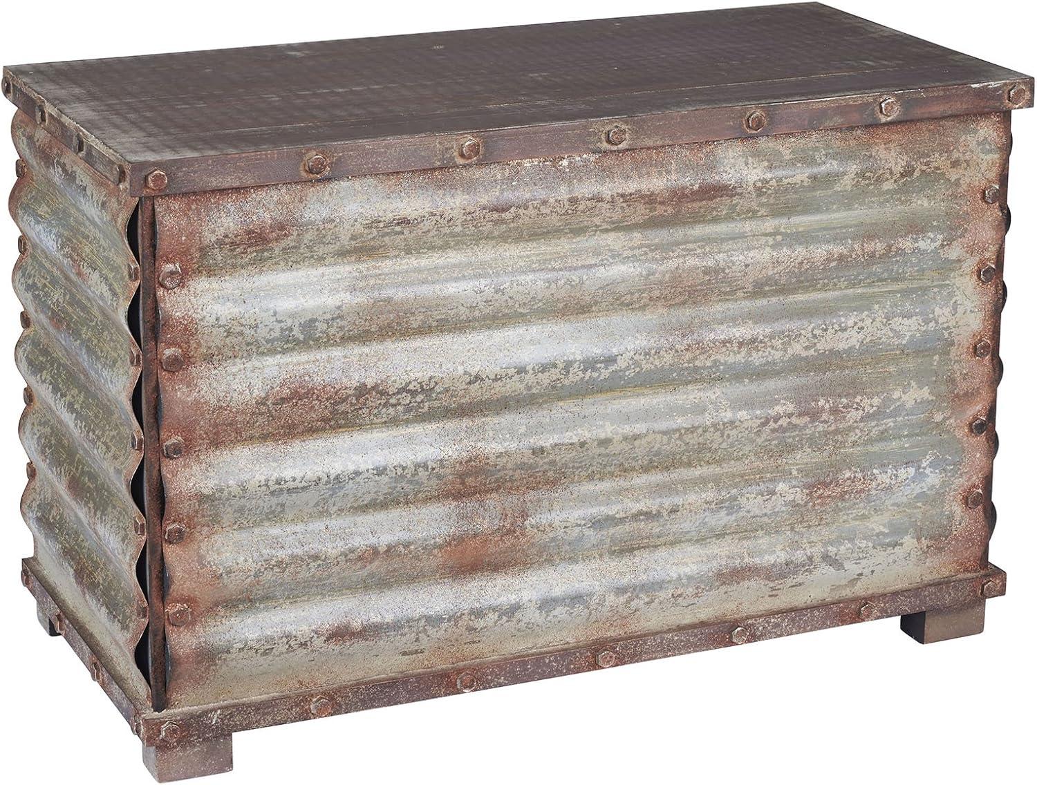 image:imageHousehold Essentials Wooden Storage Trunk Set Large and Small Domed Chest Weathered Wood with Paint Finish Hinged Lid with Metal AccentsGrooved