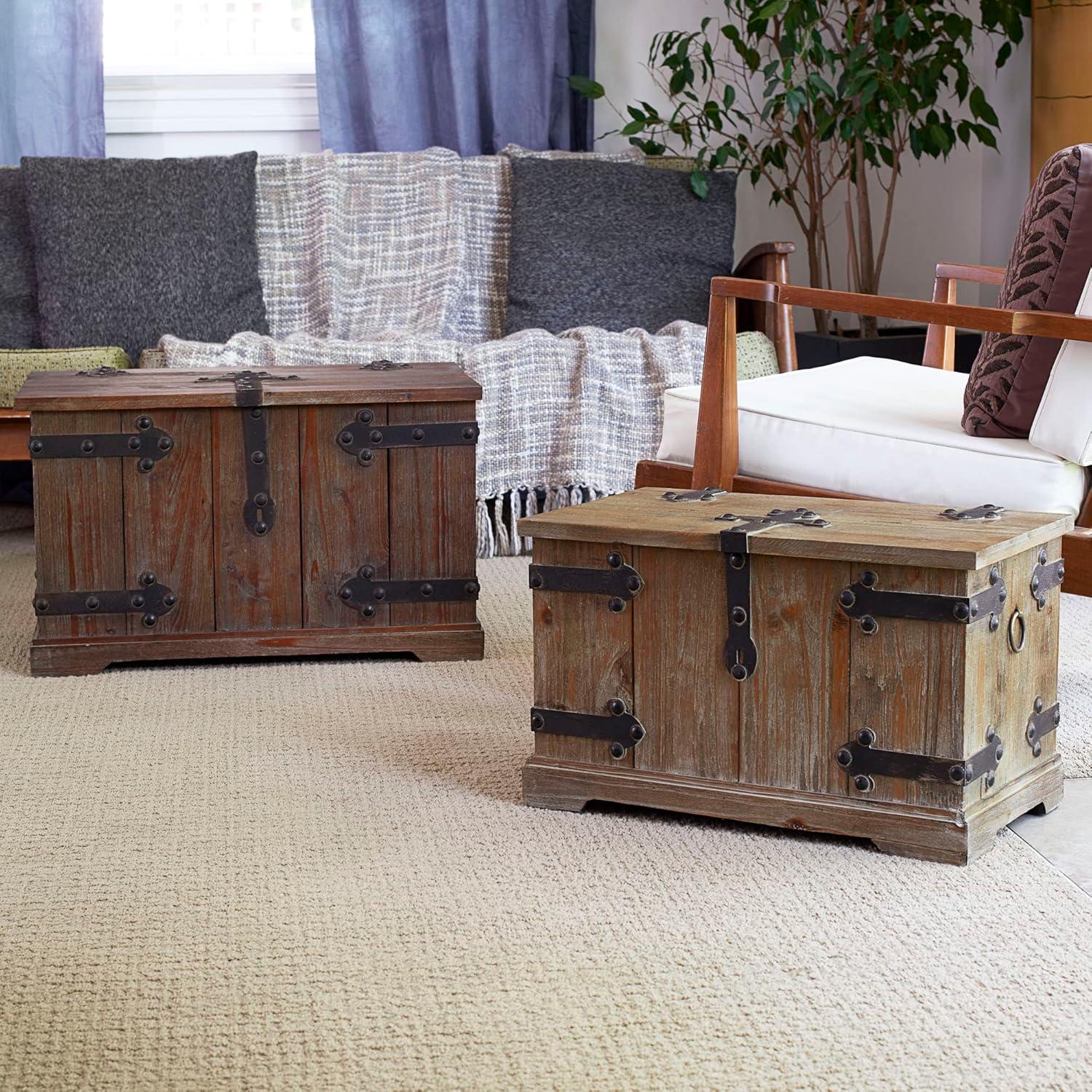 image:imageHousehold Essentials Wooden Storage Trunk Set Large and Small Domed Chest Weathered Wood with Paint Finish Hinged Lid with Metal AccentsVictorian