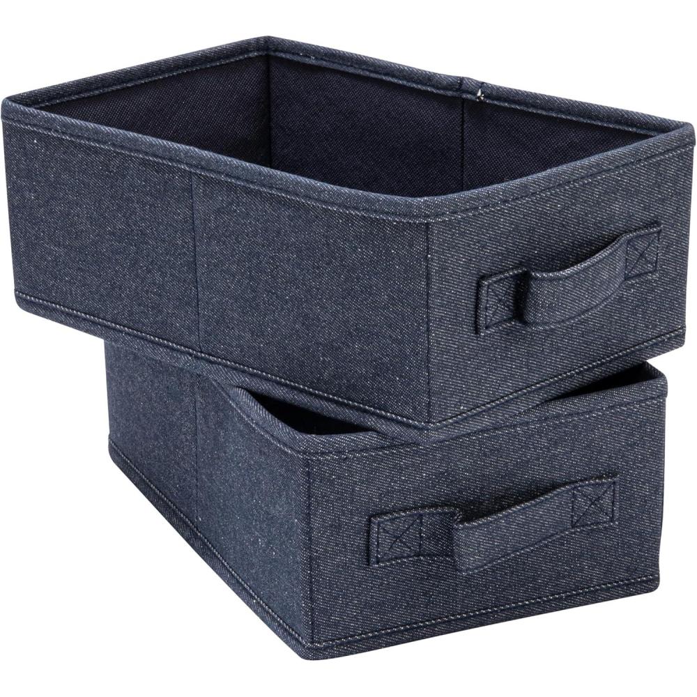 image:imageCollapsible Cotton Blend Rectangular Storage Drawer with Handle Set of 2 Denim