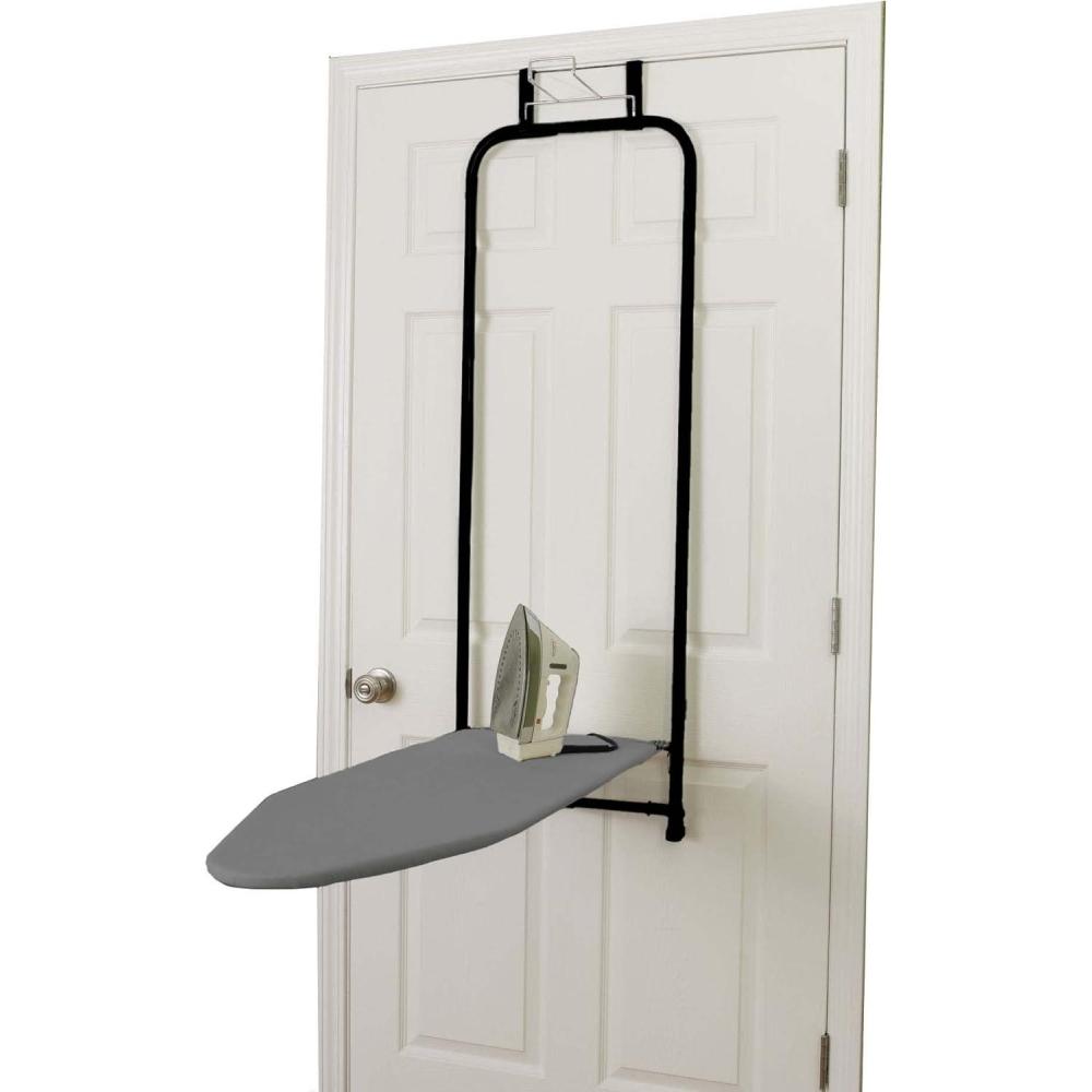 image:imageHousehold Essentials 144222 Over The Door Small Ironing Board with Iron Holder Natural Cotton Cover SilverBlack