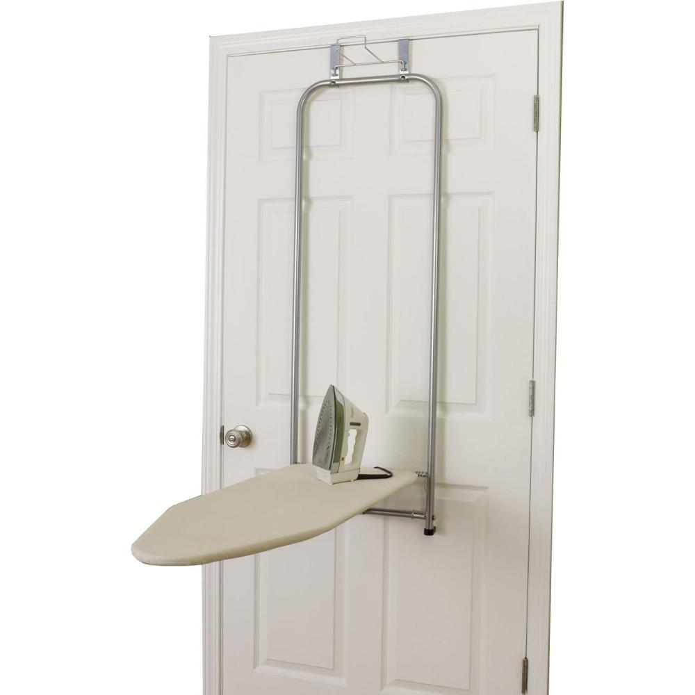 image:imageHousehold Essentials 144222 Over The Door Small Ironing Board with Iron Holder Natural Cotton Cover SilverSilver