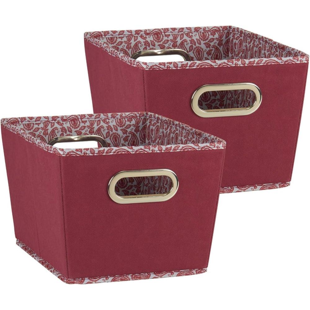 image:imageHousehold Essentials 19KDBLK1 Medium Tapered Decorative Storage Bins 2 Pack Set Cubby Baskets Black and White MiniDotsBurgundy
