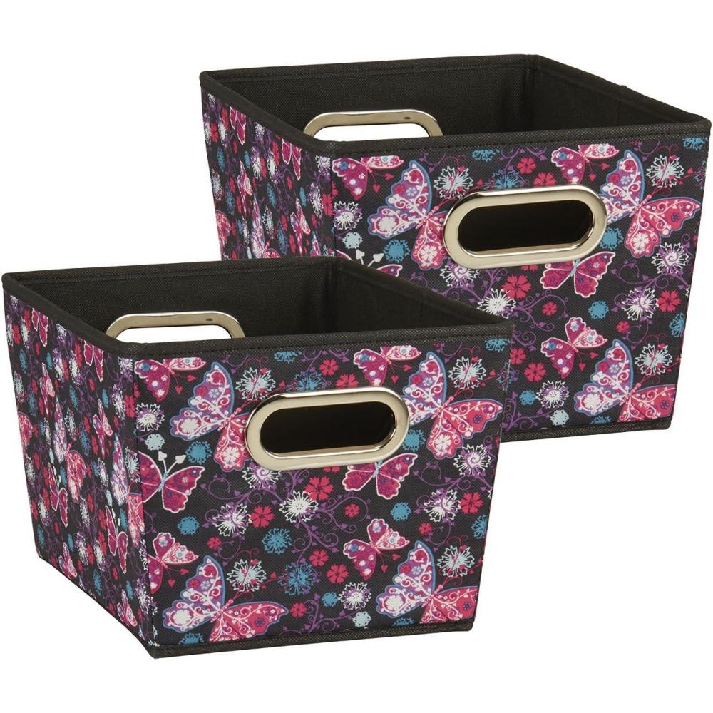 image:imageHousehold Essentials 19KDBLK1 Medium Tapered Decorative Storage Bins 2 Pack Set Cubby Baskets Black and White MiniDotsButterfly
