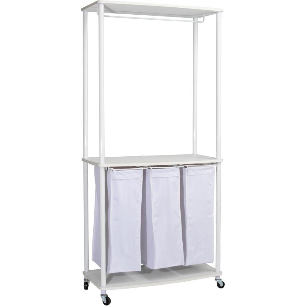 image:imageHousehold Essentials 3Bag Laundry Sorter Smooth Laminate Shelving Sturdy Steel Frame Wheeling and Stationary Feet Options Washable Linen Laundry Bags 3Load Capacity Versatile BlackWhite