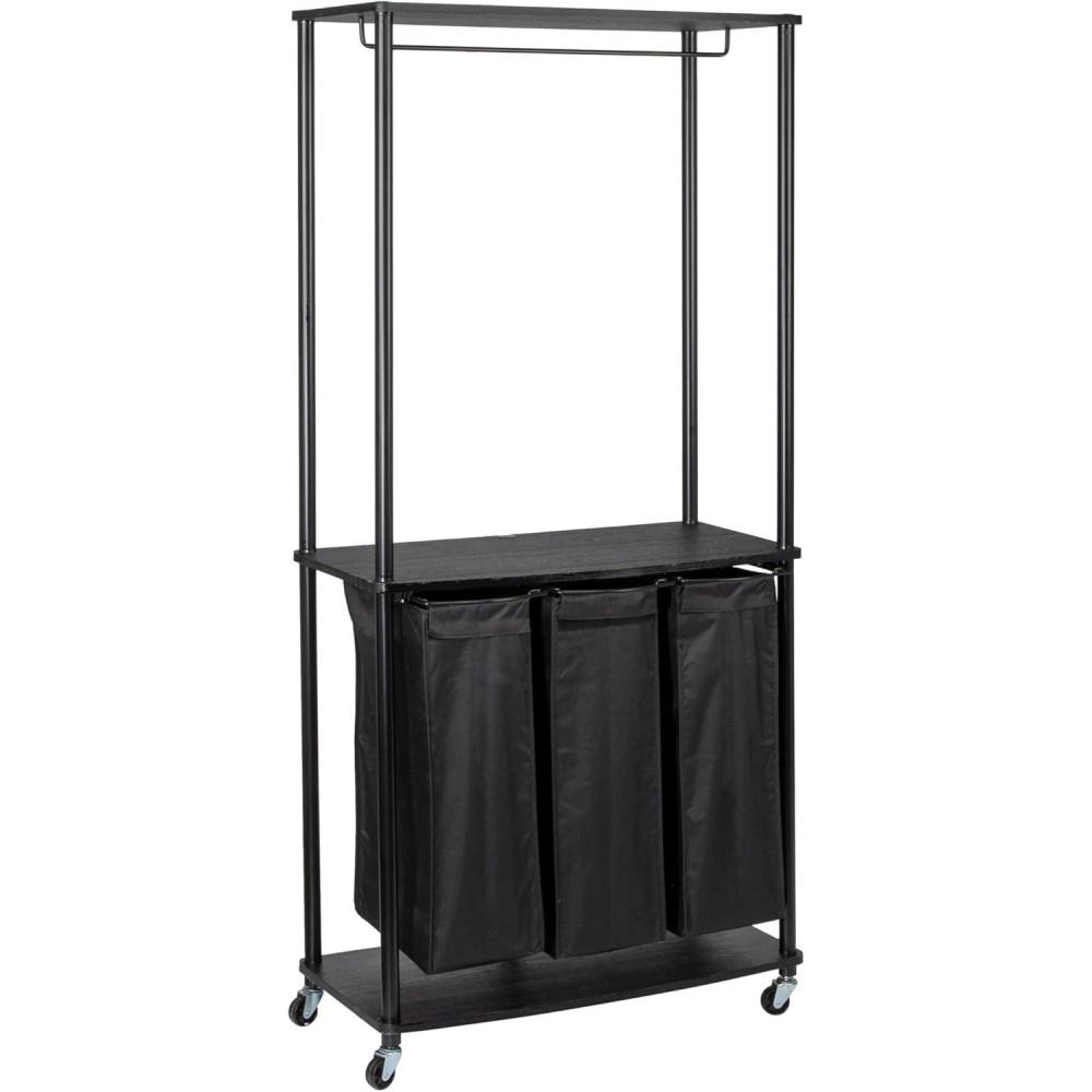image:imageHousehold Essentials 3Bag Laundry Sorter Smooth Laminate Shelving Sturdy Steel Frame Wheeling and Stationary Feet Options Washable Linen Laundry Bags 3Load Capacity Versatile BlackBlack