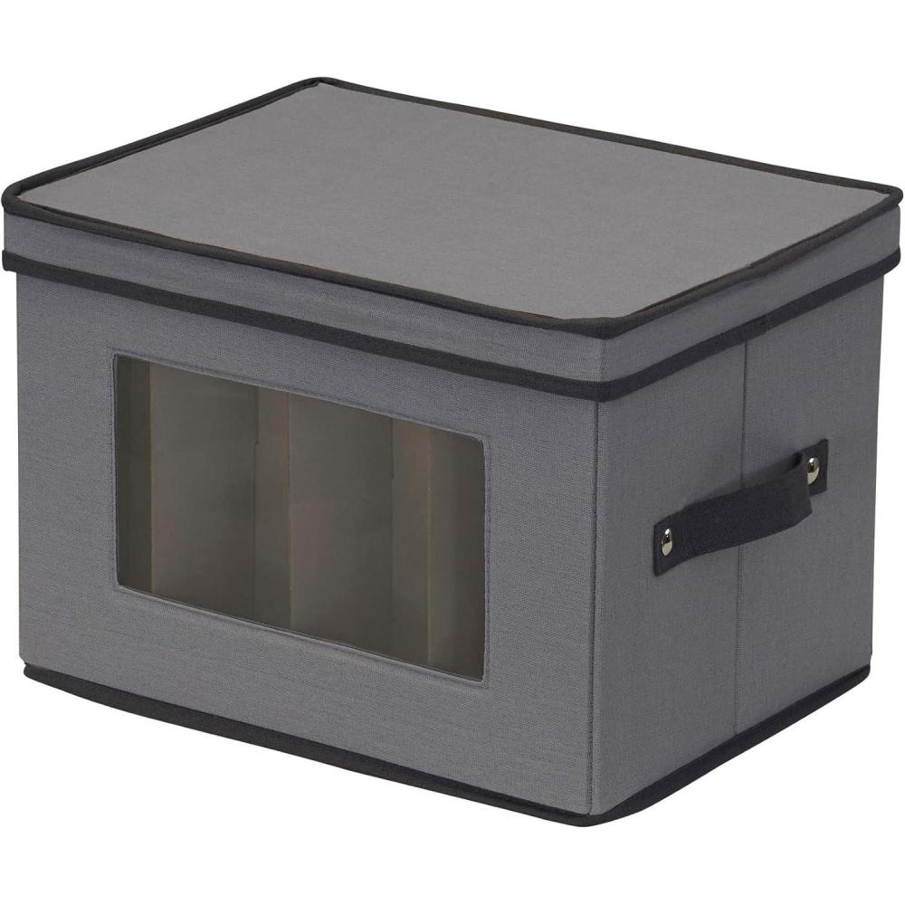 image:imageHousehold Essentials Champagne Flute Storage Box 12 Sturdy Compartments Windowed Front Panel 2 Riveted Handles Foldable and Stackable Storage Box GrayGrey