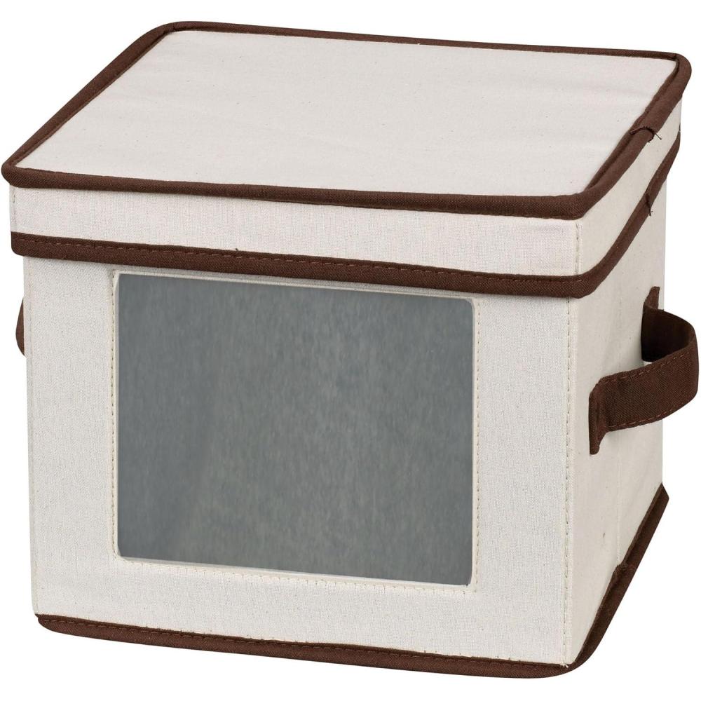 image:imageHousehold Essentials China Plate Storage Box Holds 12 Dessert Plates or Bowls Windowed Panel Sturdy Frame and Reinforced Handles Felt Cushions Fully Removable LidNatural
