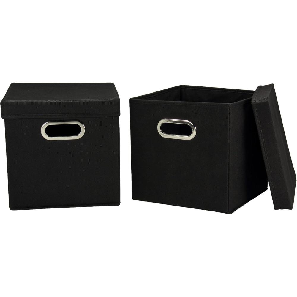 image:imageHousehold Essentials Collapsible Cotton Blend Cube Storage Box with Lid and Metal Grommet Handle Set of 2 DenimBlack