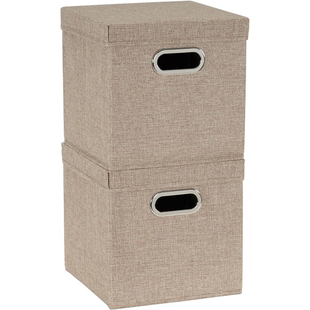 image:imageHousehold Essentials Collapsible Cotton Blend Cube Storage Box with Lid and Metal Grommet Handle Set of 2 DenimBrown