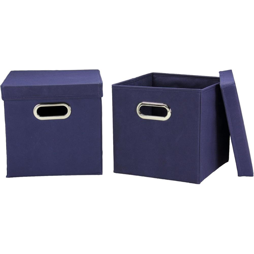 image:imageHousehold Essentials Collapsible Cotton Blend Cube Storage Box with Lid and Metal Grommet Handle Set of 2 DenimNavy