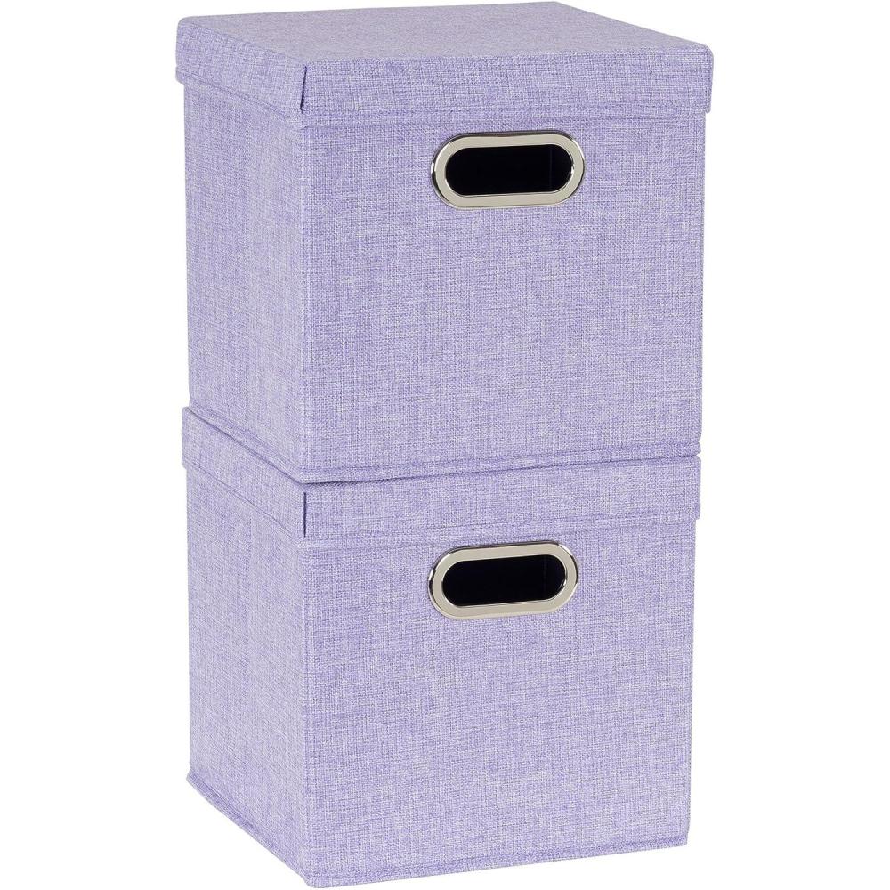image:imageHousehold Essentials Collapsible Cotton Blend Cube Storage Box with Lid and Metal Grommet Handle Set of 2 DenimPurple