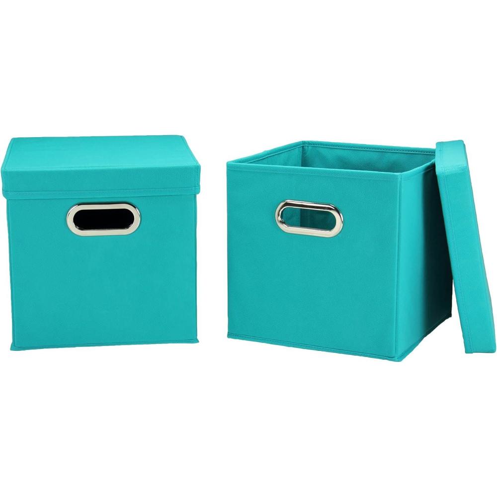image:imageHousehold Essentials Collapsible Cotton Blend Cube Storage Box with Lid and Metal Grommet Handle Set of 2 DenimTurquoise