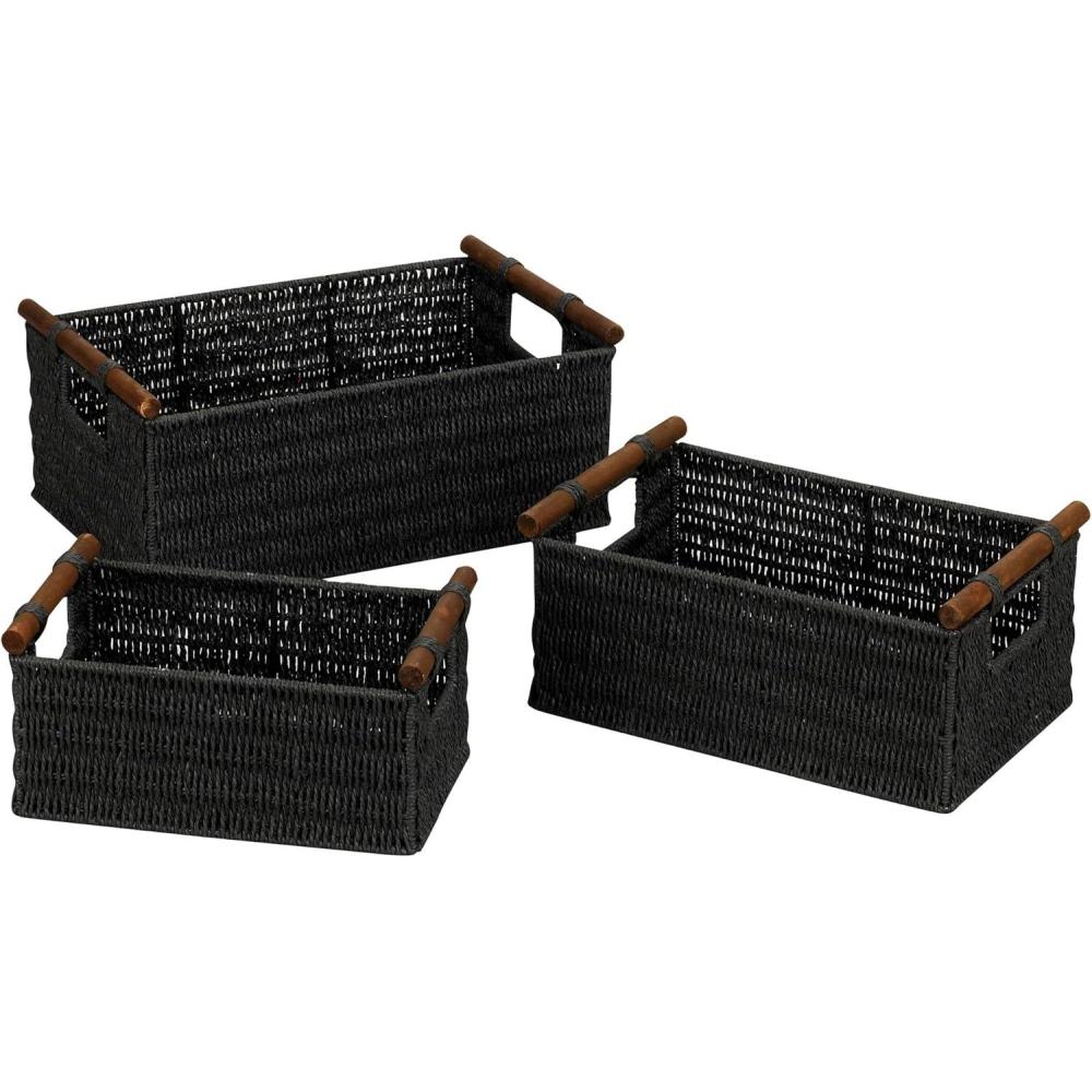 image:imageHousehold Essentials Decorative Woven Baskets Set of 3 Paper Rope with Wood Handles Sturdy Metal Frame Small Medium and Large GreyBlack