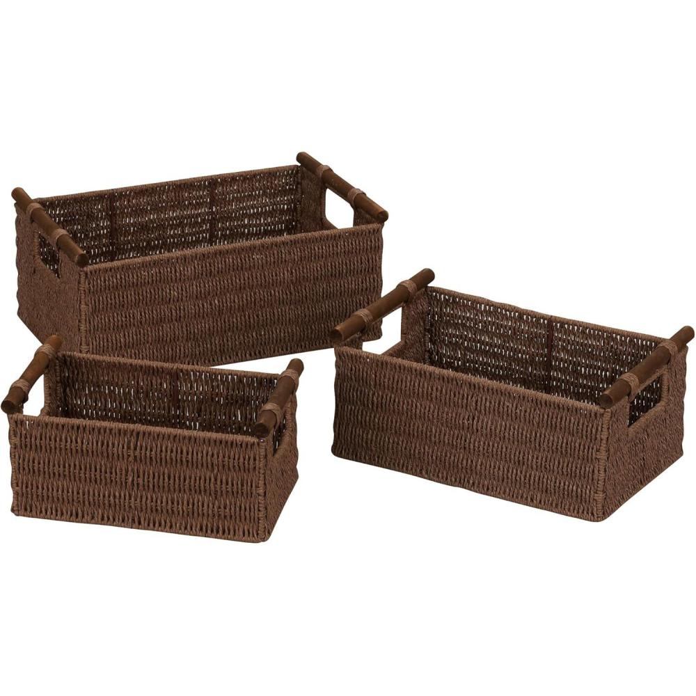 image:imageHousehold Essentials Decorative Woven Baskets Set of 3 Paper Rope with Wood Handles Sturdy Metal Frame Small Medium and Large GreyBrown