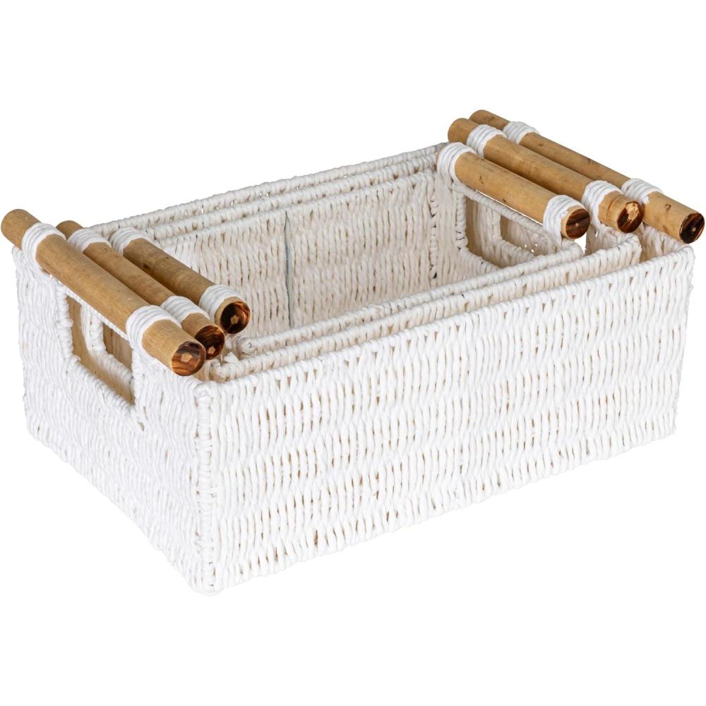 image:imageHousehold Essentials Decorative Woven Baskets Set of 3 Paper Rope with Wood Handles Sturdy Metal Frame Small Medium and Large GreyWhite