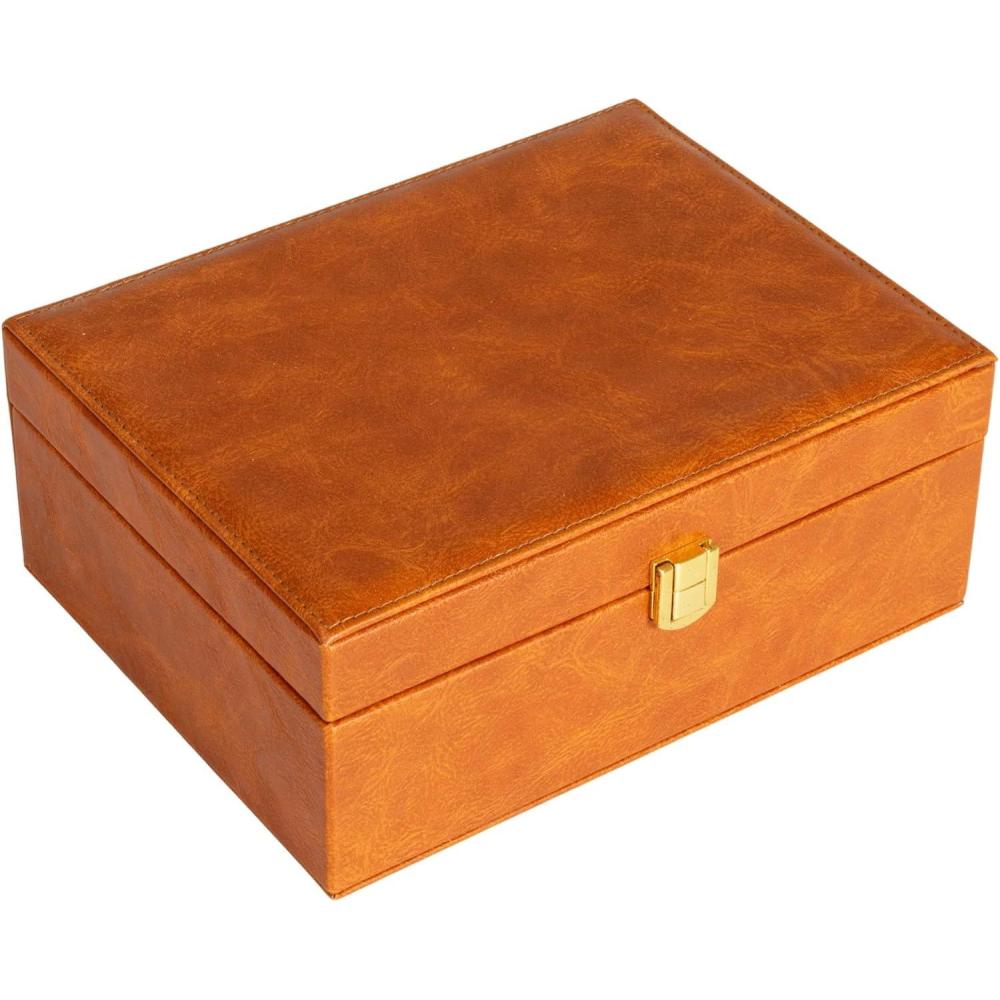 image:imageHousehold Essentials Fabric 2Layer Jewelry Organizer Box with Clasp Closure BlackCaramel