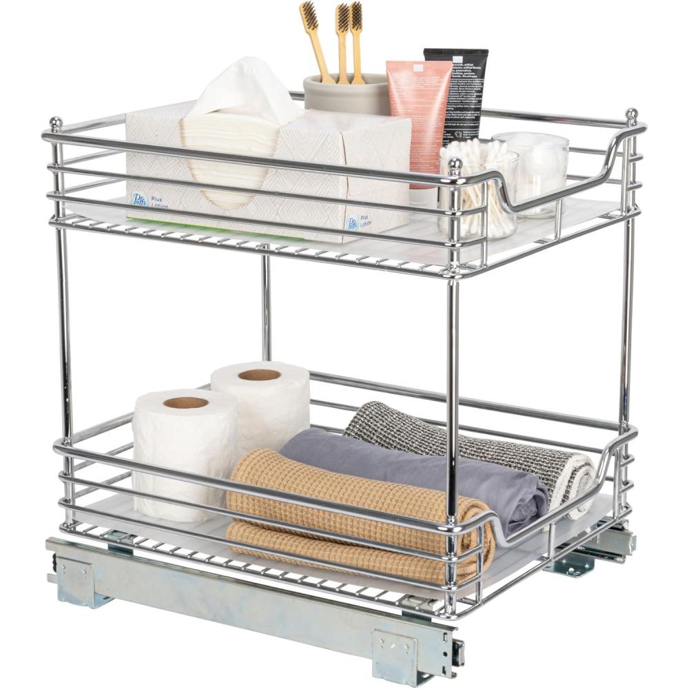 image:imageHousehold Essentials Glidez Multipurpose ChromePlated Steel PullOutSlideOut Storage Organizer for Cookware and Bakeware Fits Standard Size Cabinet or Shelf Chrome2Tier