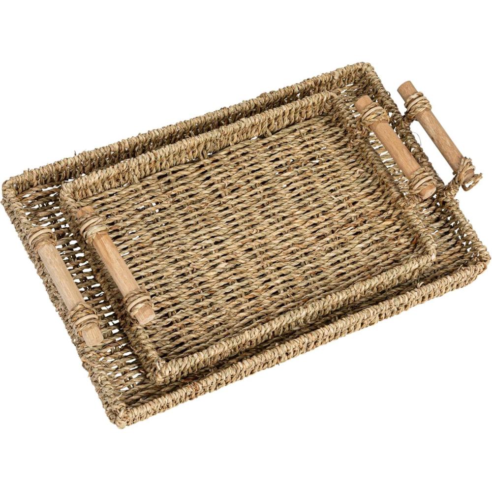 image:imageHousehold Essentials Handwoven Seagrass Rectangular Tray Set with Wood Handles Natural Set of 2Natural Seagrass