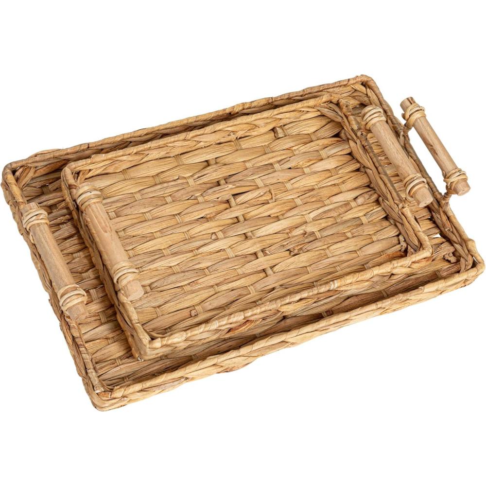 image:imageHousehold Essentials Handwoven Seagrass Rectangular Tray Set with Wood Handles Natural Set of 2Natural Water Hyacinth