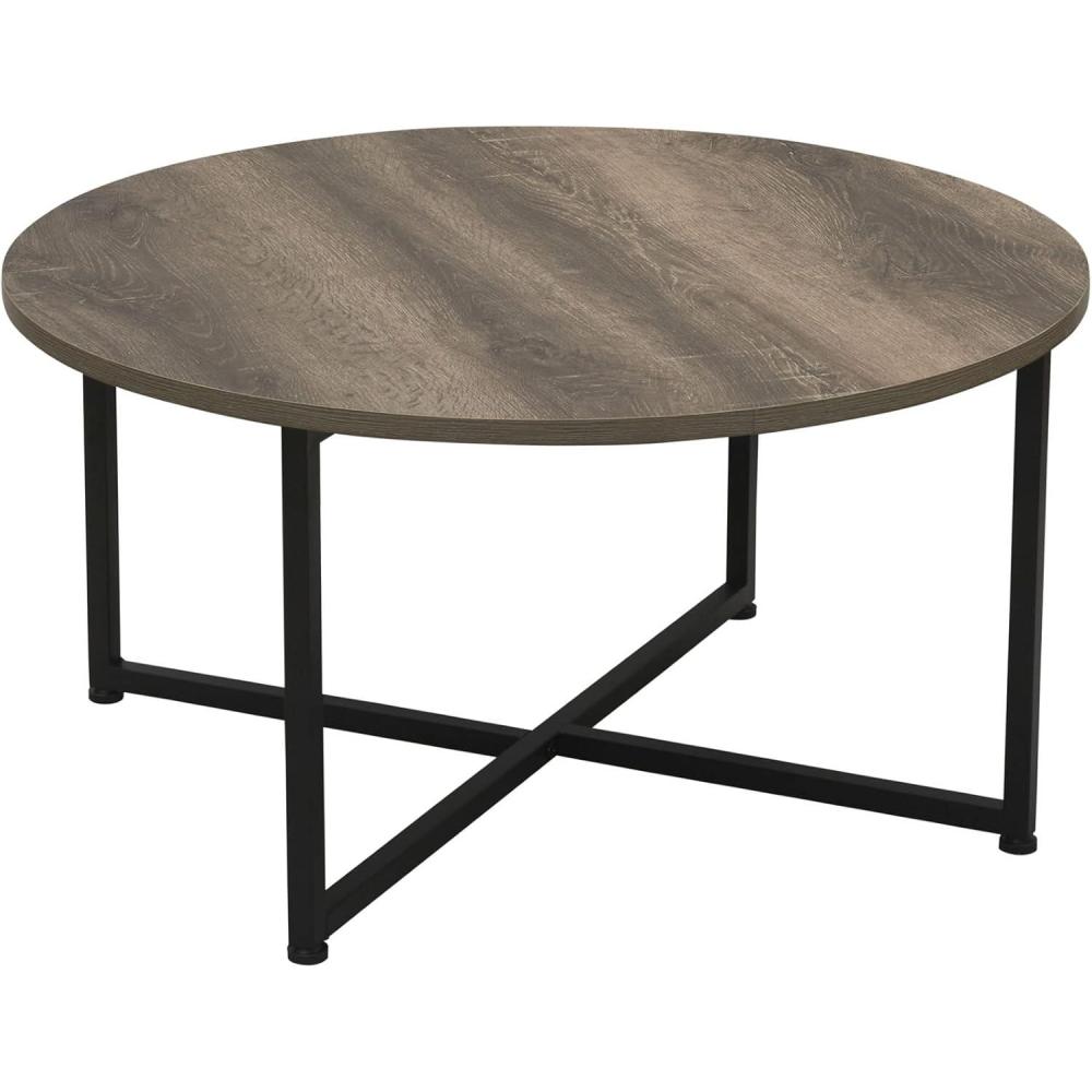 image:imageHousehold Essentials Jamestown Round Coffee Table Ashwood Rustic Wood Grain and Black Metal 315 x 315 TaupeTaupe