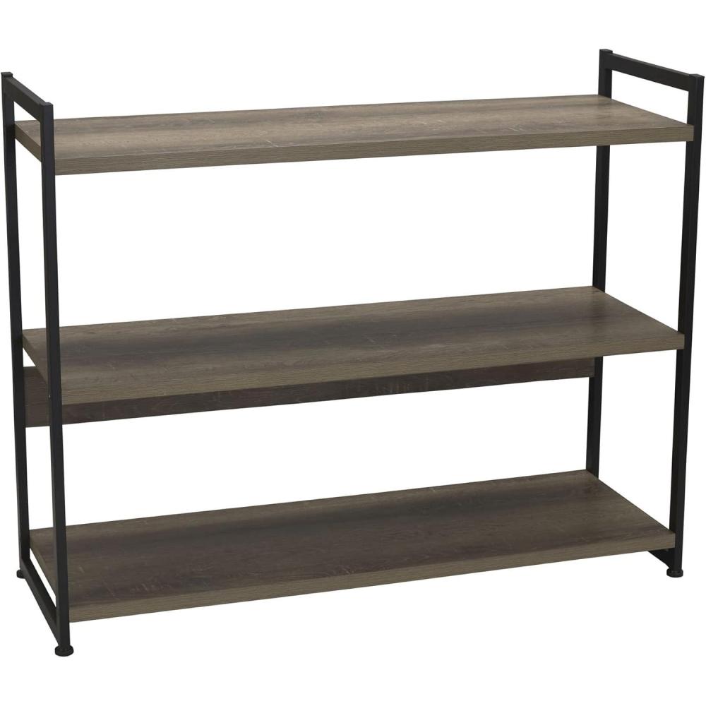 image:imageHousehold Essentials Jamestown Wide 3 Shelf Open Storage Bookshelf Coastal Oak Rustic Wood Grain and White MetalAshwood