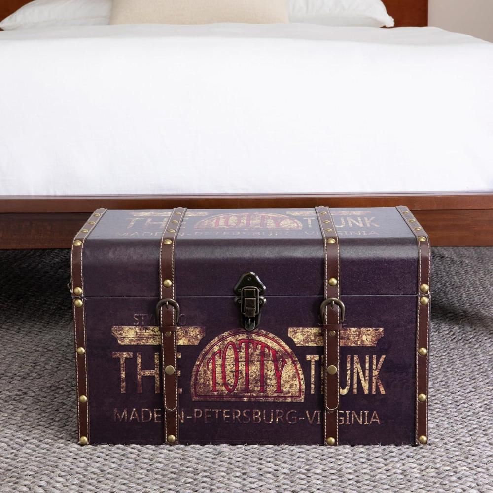 image:imageHousehold Essentials Large Decorative Trunk Vintage Decoupage Metal Accents with Leather Strapping Strong MDF Frame Clasps Shut Green and Black