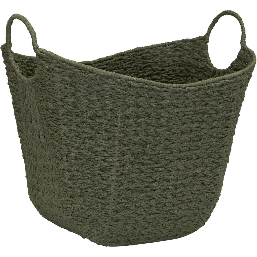 image:imageHousehold Essentials ML4002 Tall Water Hyacinth Wicker Basket with Handles Natural Brown NaturalGreen Paper Rope