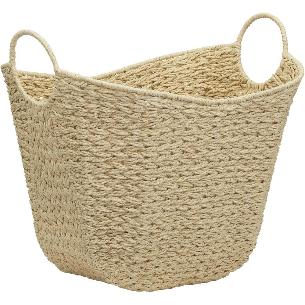 image:imageHousehold Essentials ML4002 Tall Water Hyacinth Wicker Basket with Handles Natural Brown NaturalWhite Paper Rope