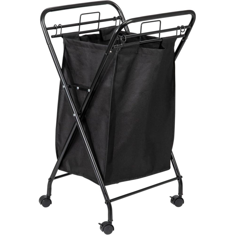 image:imageHousehold Essentials Rolling Laundry Hamper Heavy Duty Canvas Bag 2 Load Capacity Foldable Frame White Bag with Velcro Fasteners WhiteBlackBlack