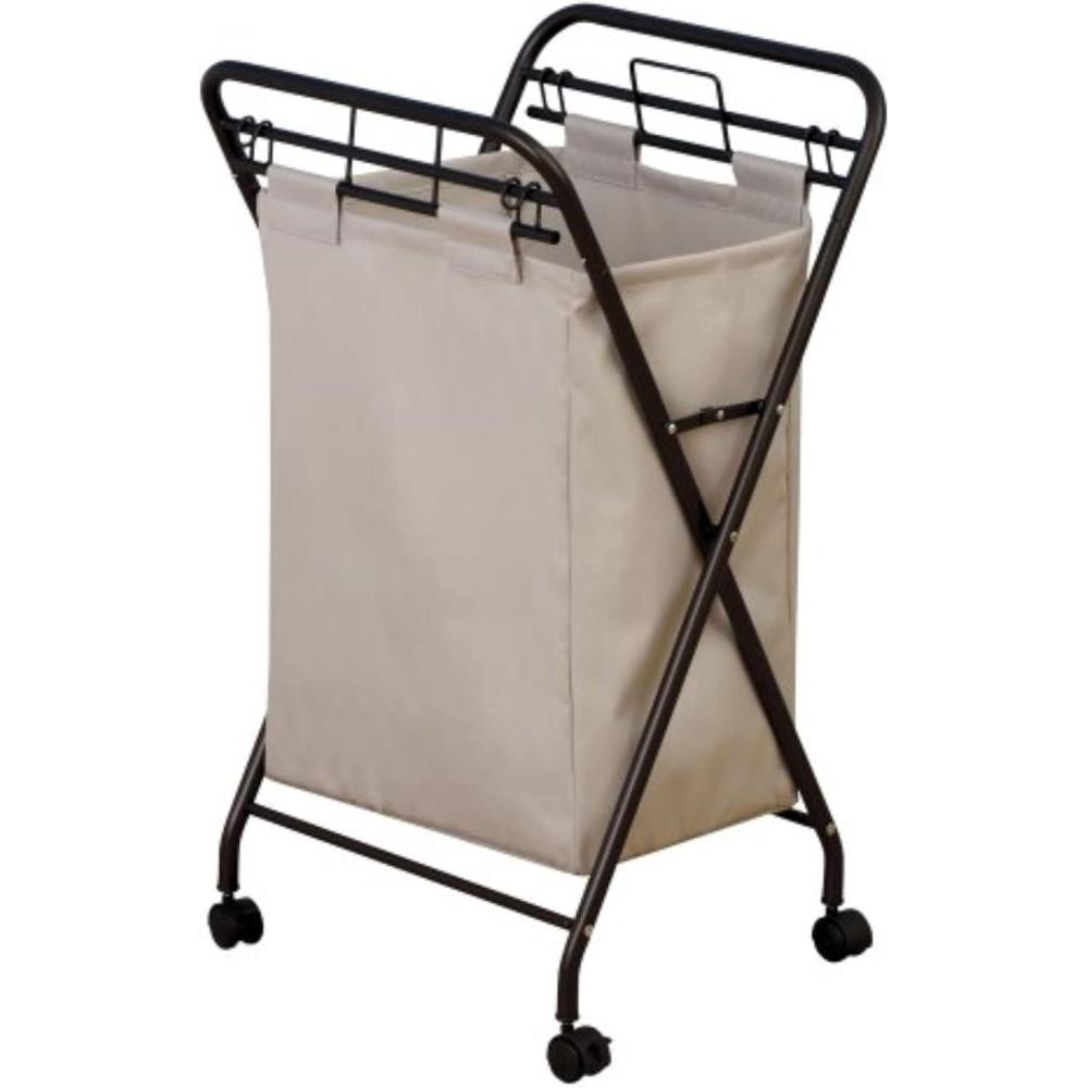 image:imageHousehold Essentials Rolling Laundry Hamper Heavy Duty Canvas Bag 2 Load Capacity Foldable Frame White Bag with Velcro Fasteners WhiteNaturalBronze