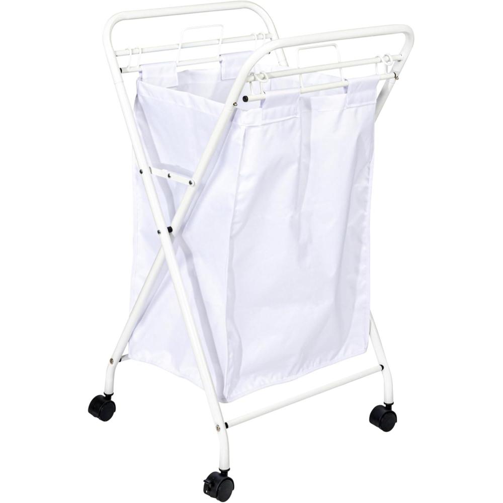 image:imageHousehold Essentials Rolling Laundry Hamper Heavy Duty Canvas Bag 2 Load Capacity Foldable Frame White Bag with Velcro Fasteners WhiteWhiteWhite