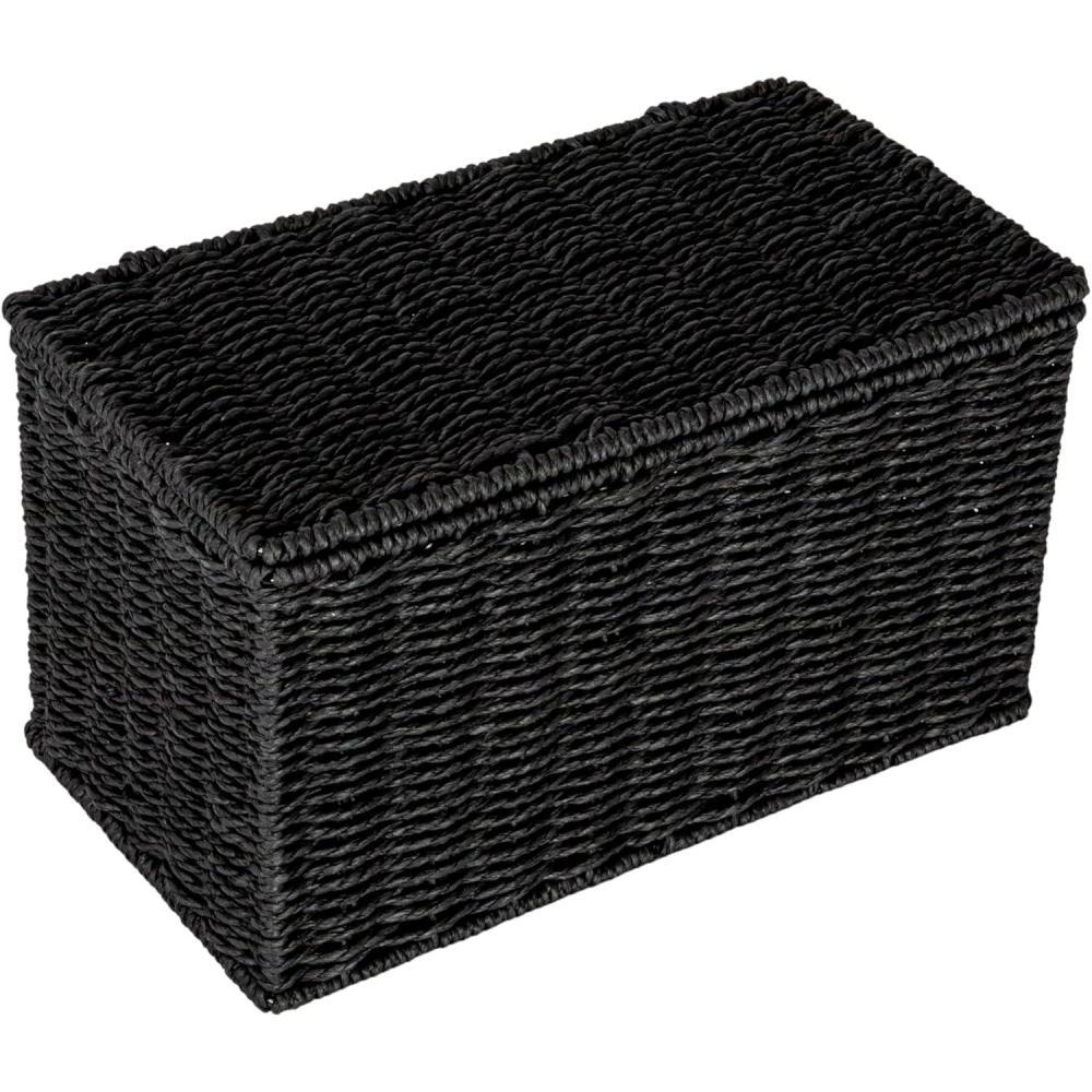 image:imageHousehold Essentials Small Handwoven Paper Rope Wicker Basket with Lid BlackBlack