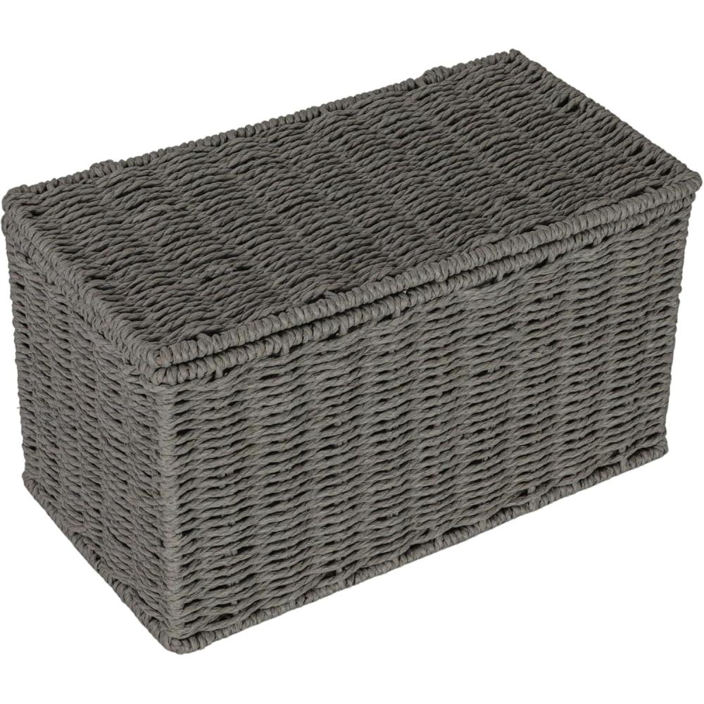 image:imageHousehold Essentials Small Handwoven Paper Rope Wicker Basket with Lid BlackGrey