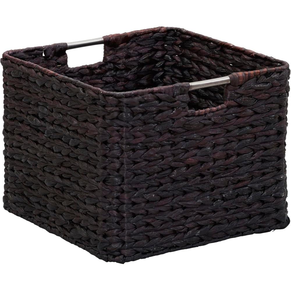 image:imageHousehold Essentials Square Woven Basket Paper Rope Cube with Stainless Steel Handles GreyBrown Hyacinth