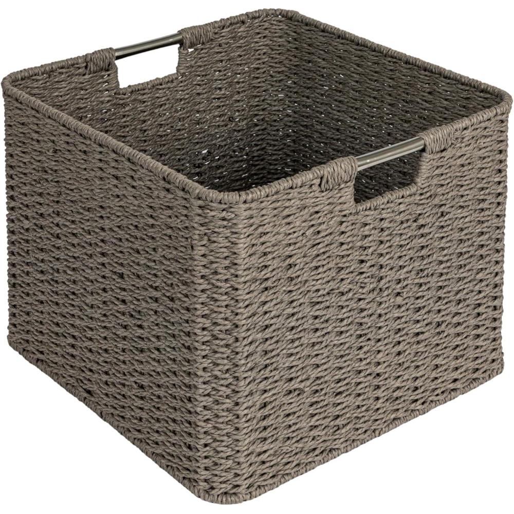 image:imageHousehold Essentials Square Woven Basket Paper Rope Cube with Stainless Steel Handles GreyGrey Paper Rope